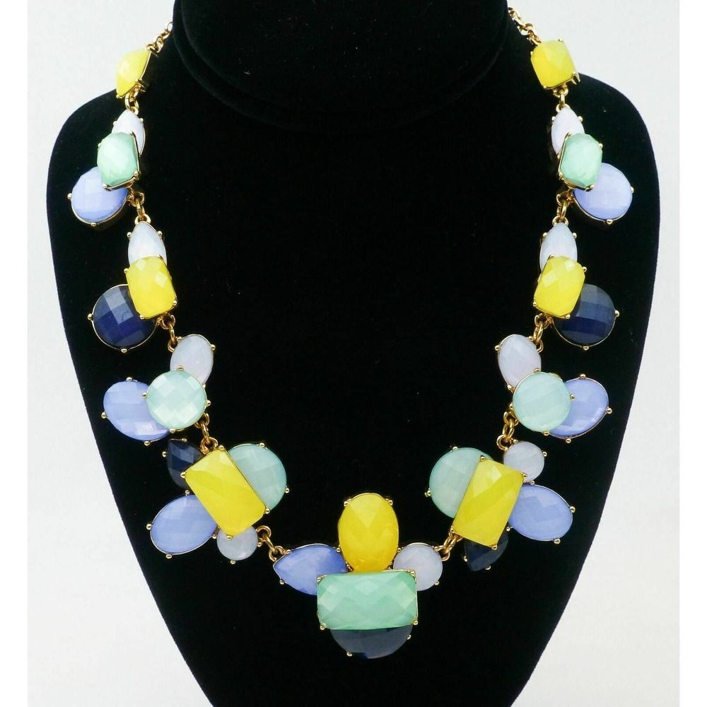 TALBOTS Statement Necklace Yellow Blue Green Beaded Gold-Tone Chain - Picture 2 of 6